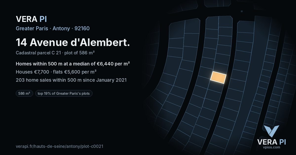 14 Avenue d'Alembert, Antony at night – the plot lit, the parcels around coloured by the prices near them