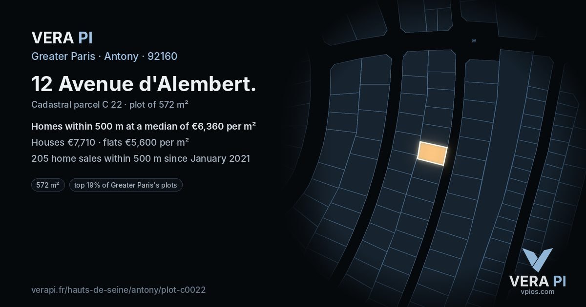 12 Avenue d'Alembert, Antony at night – the plot lit, the parcels around coloured by the prices near them