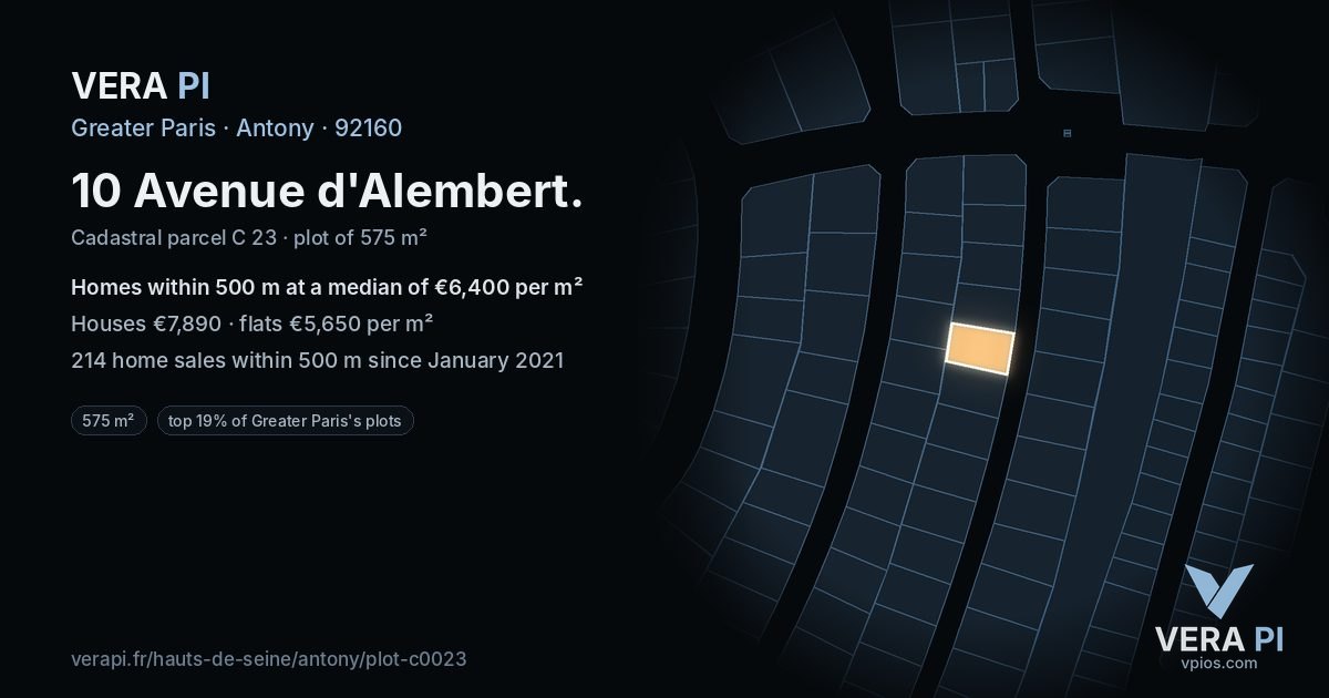 10 Avenue d'Alembert, Antony at night – the plot lit, the parcels around coloured by the prices near them