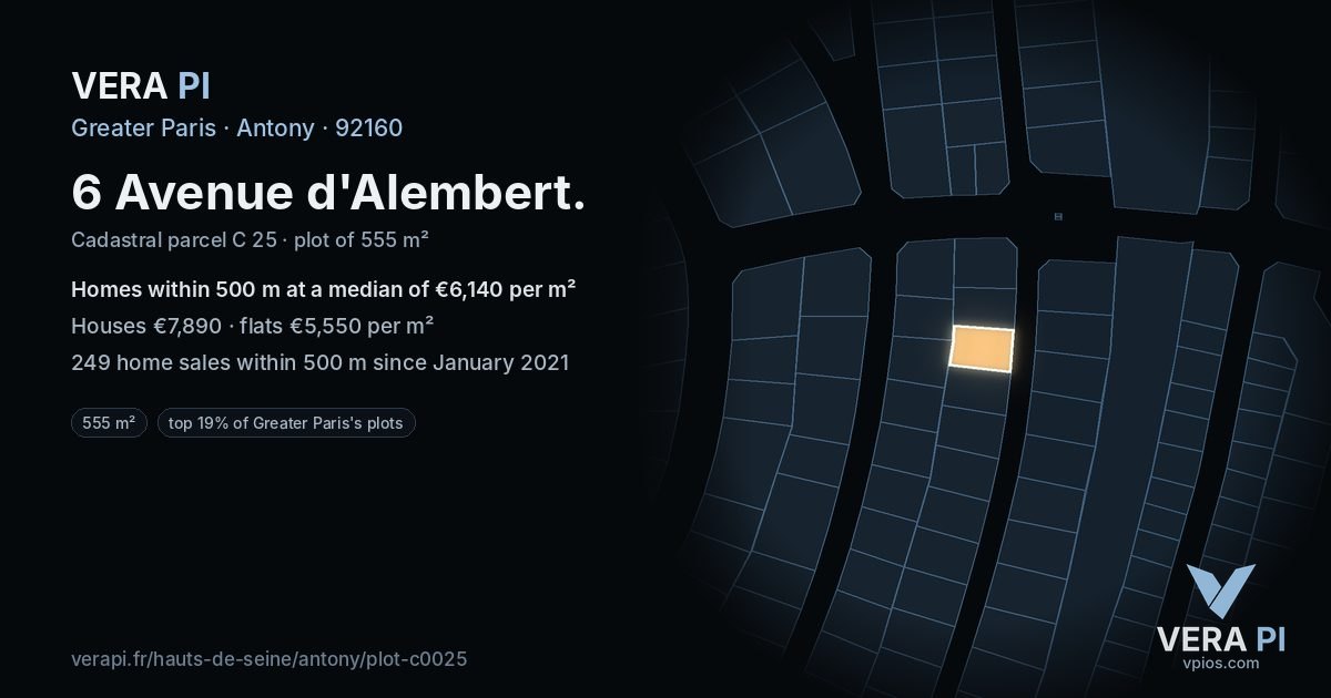 6 Avenue d'Alembert, Antony at night – the plot lit, the parcels around coloured by the prices near them