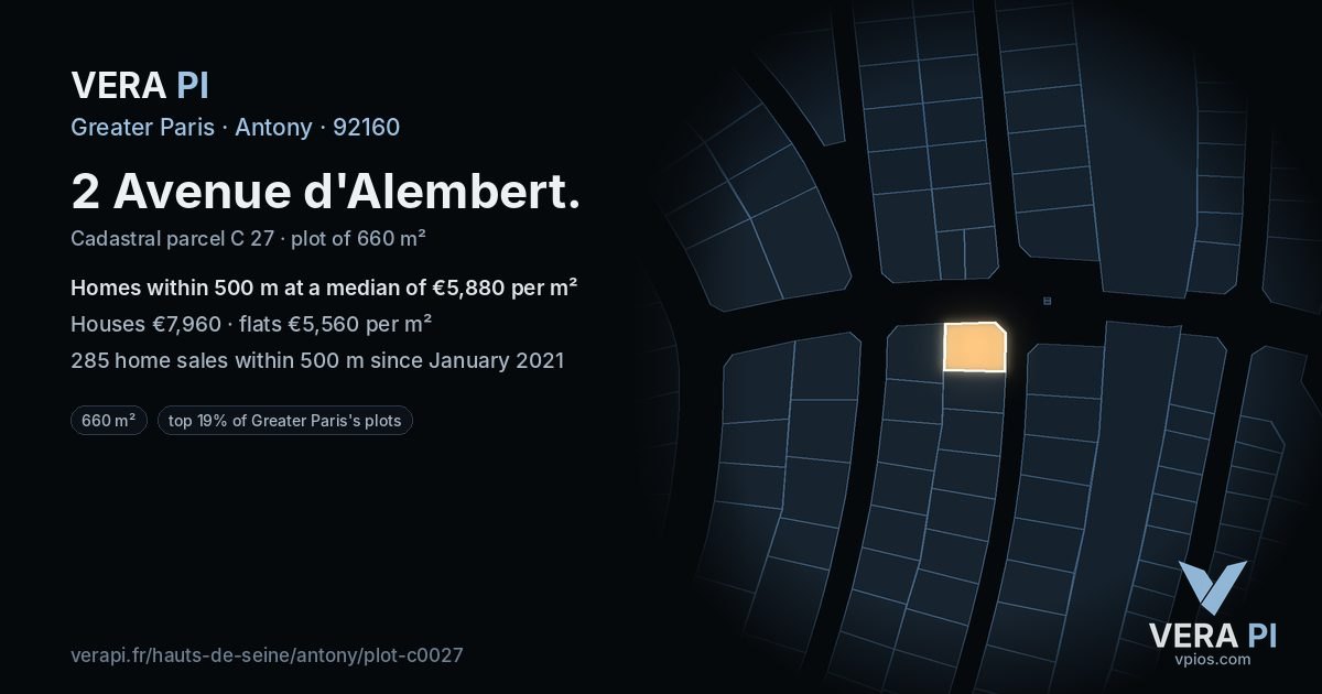 2 Avenue d'Alembert, Antony at night – the plot lit, the parcels around coloured by the prices near them