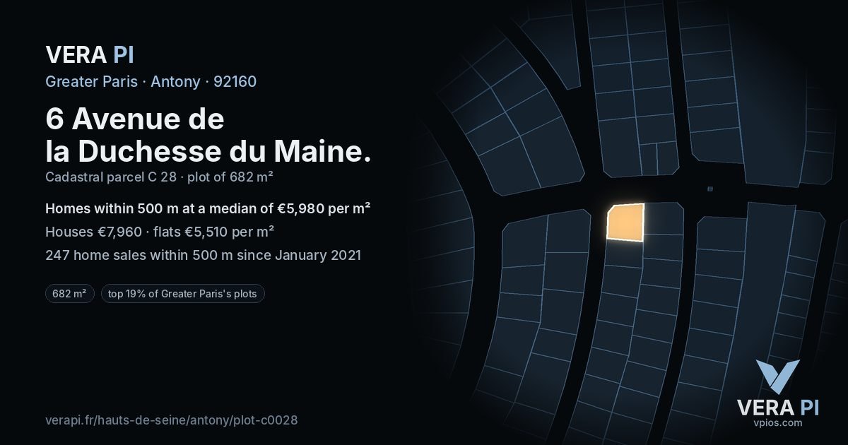6 Avenue de la Duchesse du Maine, Antony at night – the plot lit, the parcels around coloured by the prices near them