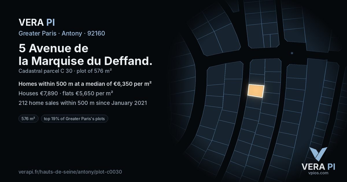 5 Avenue de la Marquise du Deffand, Antony at night – the plot lit, the parcels around coloured by the prices near them