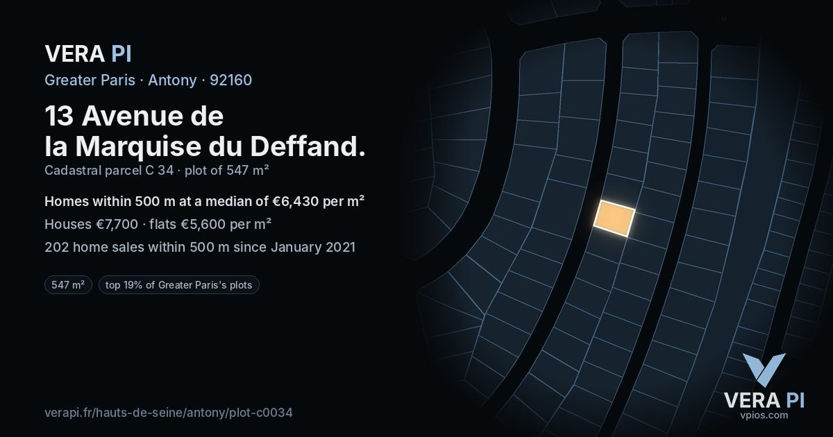 13 Avenue de la Marquise du Deffand, Antony at night – the plot lit, the parcels around coloured by the prices near them