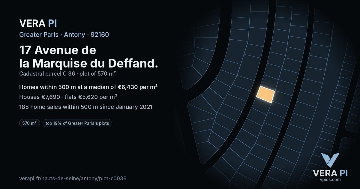 17 Avenue de la Marquise du Deffand, Antony at night – the plot lit, the parcels around coloured by the prices near them