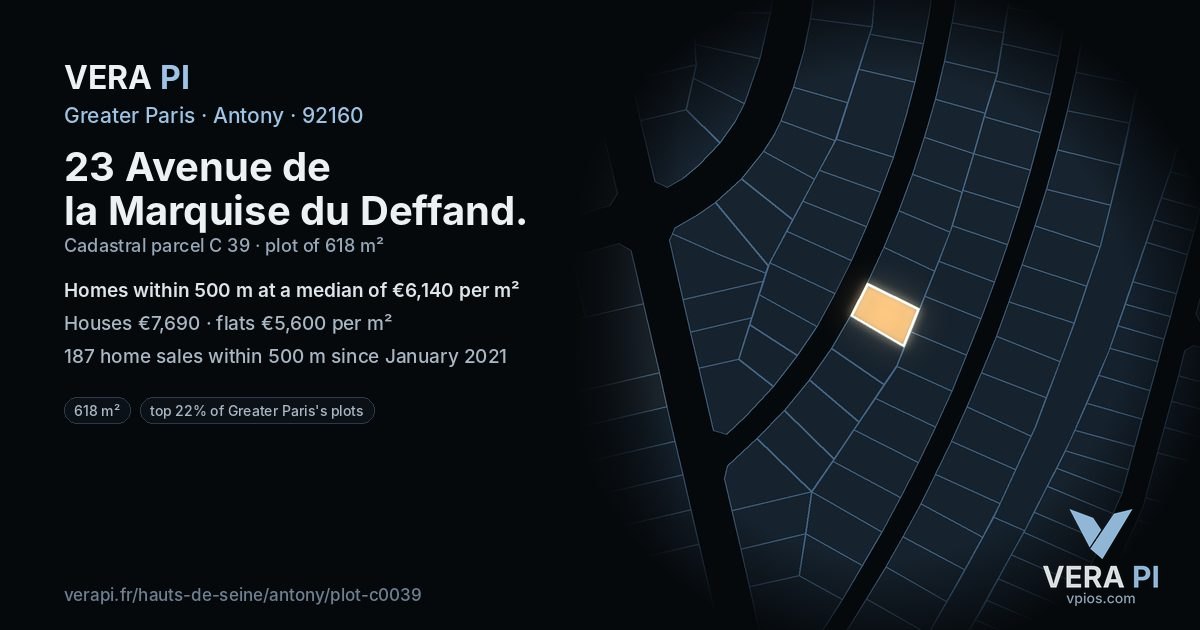 23 Avenue de la Marquise du Deffand, Antony at night – the plot lit, the parcels around coloured by the prices near them