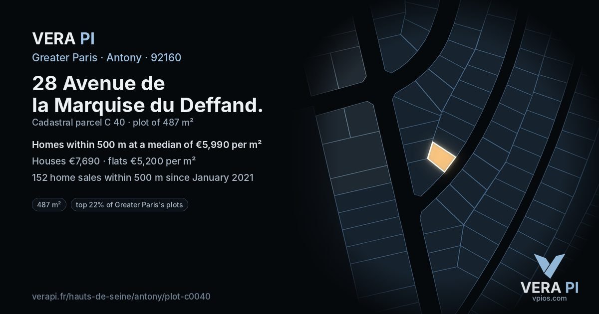 28 Avenue de la Marquise du Deffand, Antony at night – the plot lit, the parcels around coloured by the prices near them