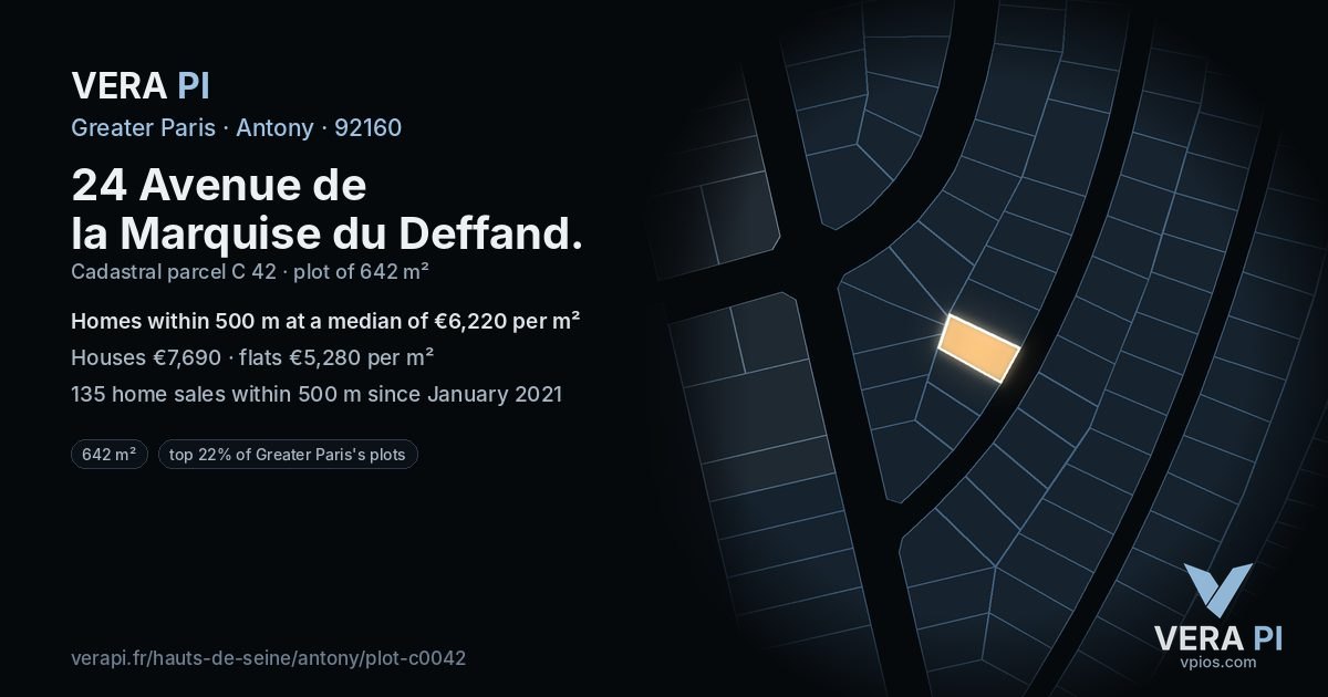 24 Avenue de la Marquise du Deffand, Antony at night – the plot lit, the parcels around coloured by the prices near them