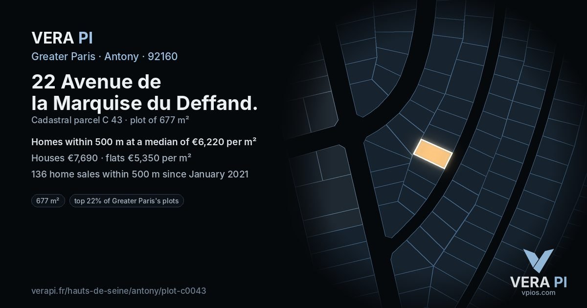 22 Avenue de la Marquise du Deffand, Antony at night – the plot lit, the parcels around coloured by the prices near them