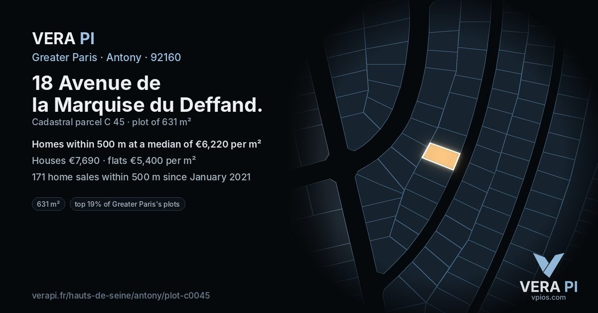 18 Avenue de la Marquise du Deffand, Antony at night – the plot lit, the parcels around coloured by the prices near them