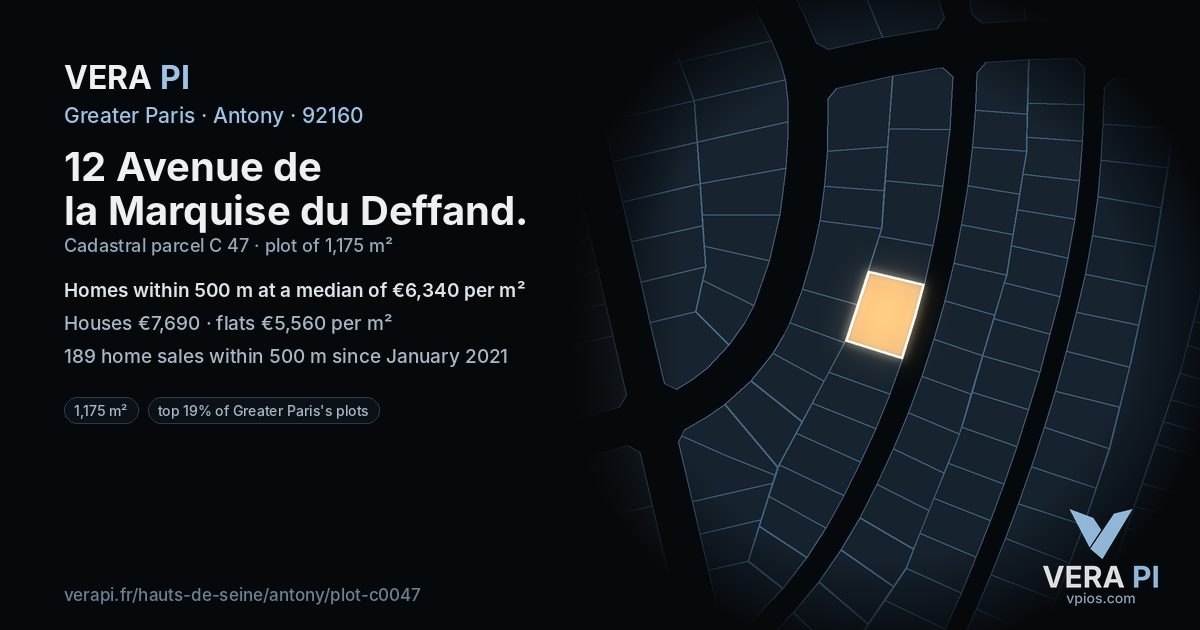 12 Avenue de la Marquise du Deffand, Antony at night – the plot lit, the parcels around coloured by the prices near them
