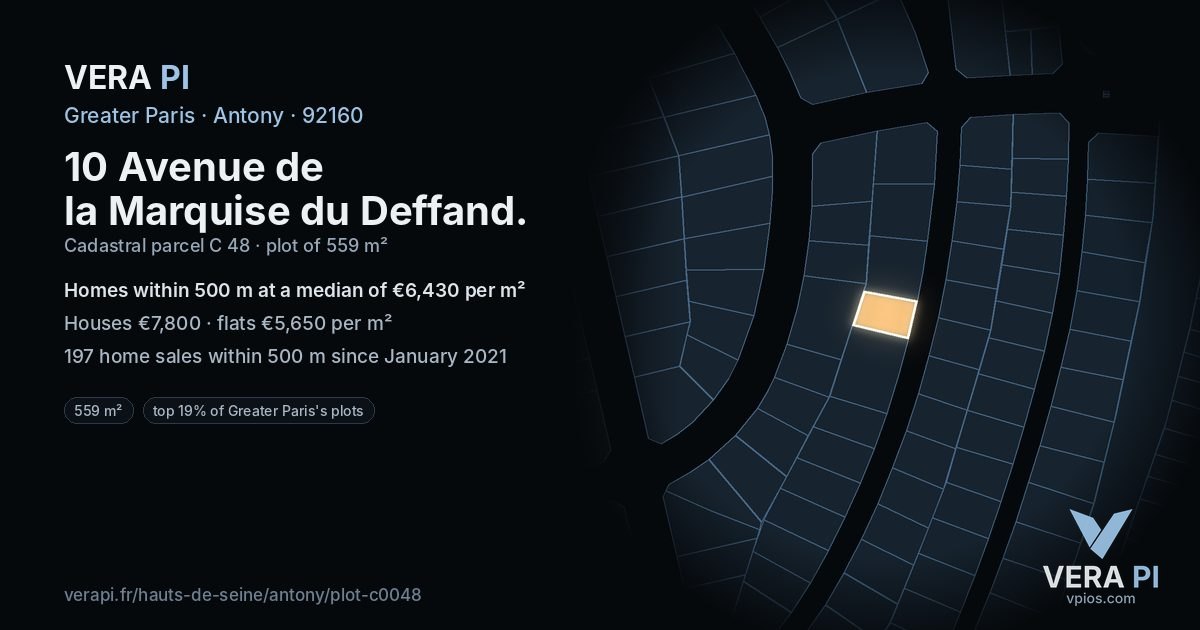 10 Avenue de la Marquise du Deffand, Antony at night – the plot lit, the parcels around coloured by the prices near them