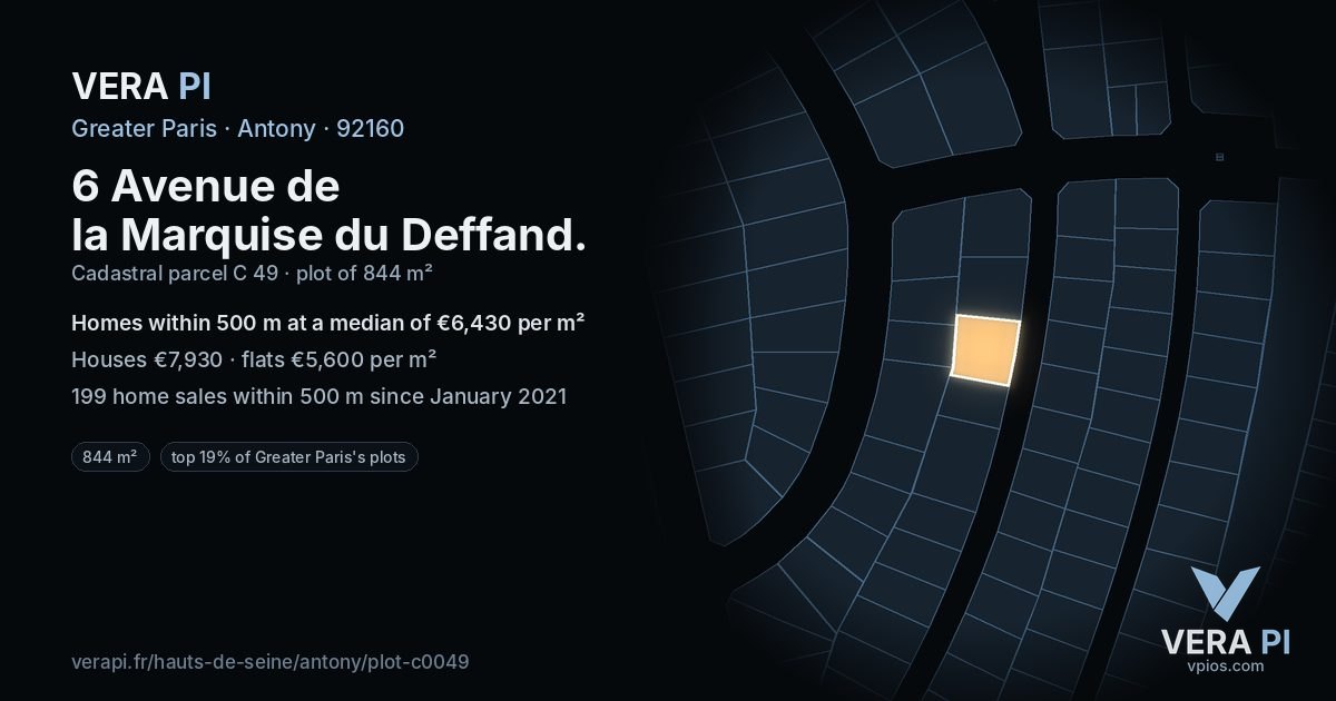 6 Avenue de la Marquise du Deffand, Antony at night – the plot lit, the parcels around coloured by the prices near them