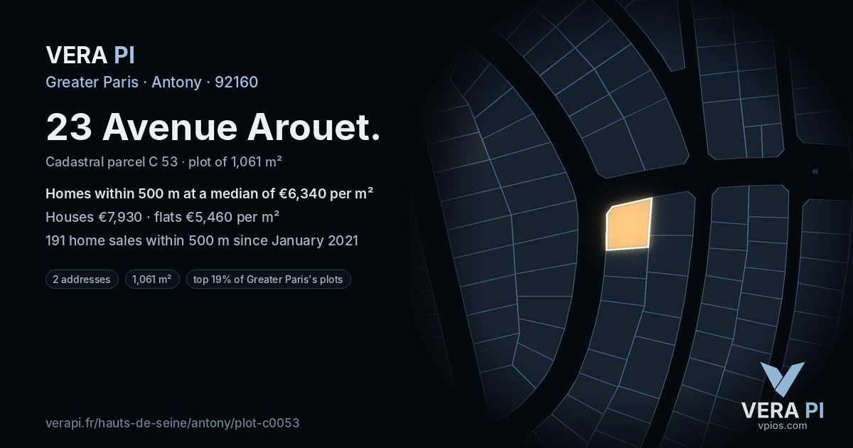 23 Avenue Arouet, Antony at night – the plot lit, the parcels around coloured by the prices near them