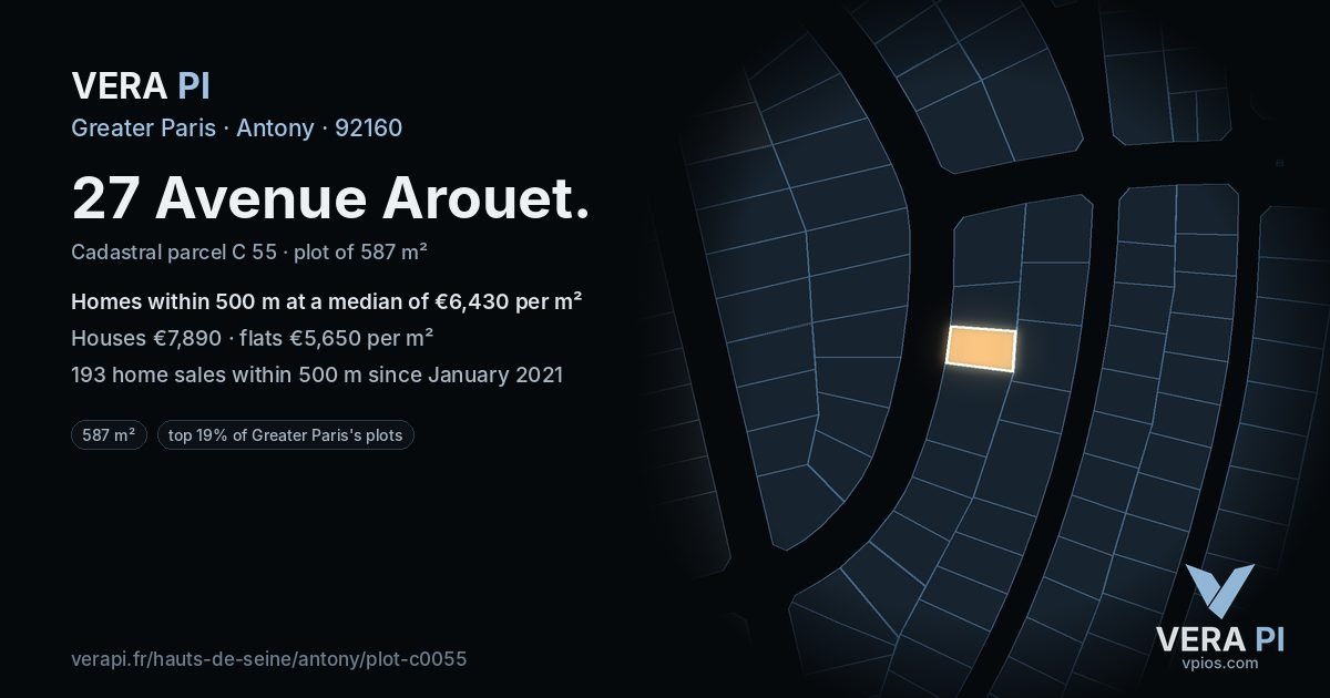 27 Avenue Arouet, Antony at night – the plot lit, the parcels around coloured by the prices near them