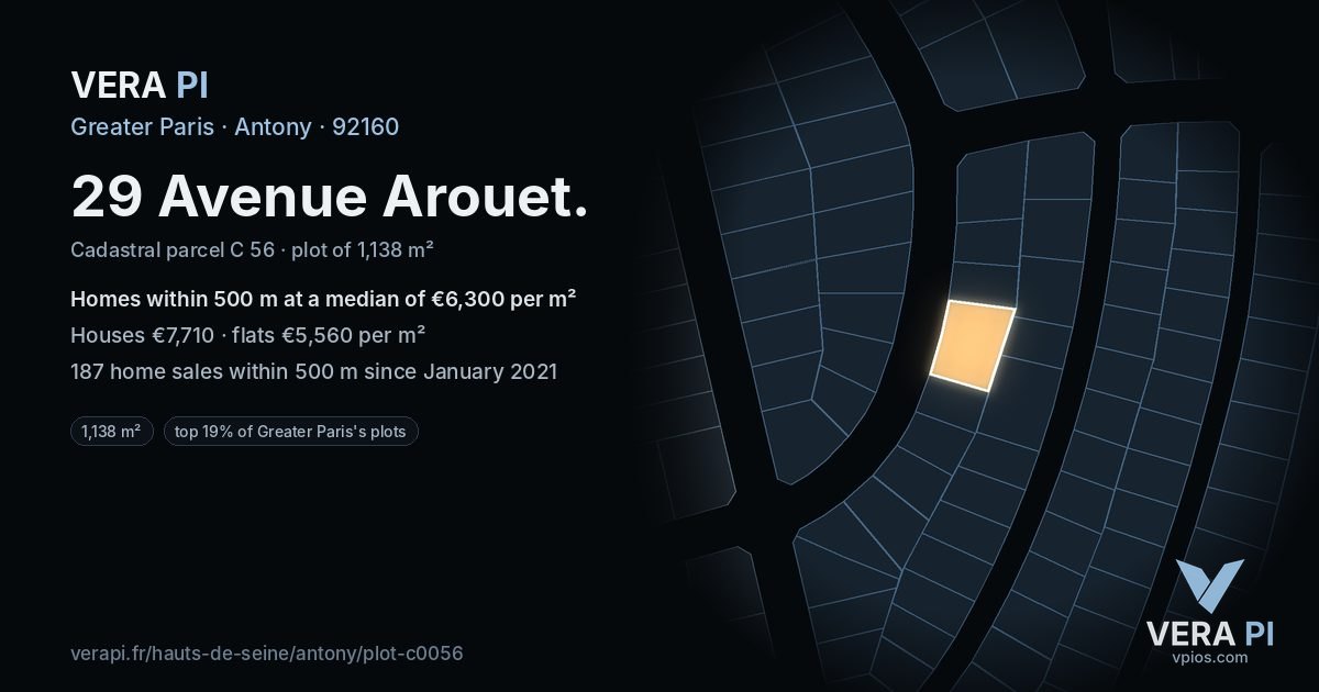 29 Avenue Arouet, Antony at night – the plot lit, the parcels around coloured by the prices near them