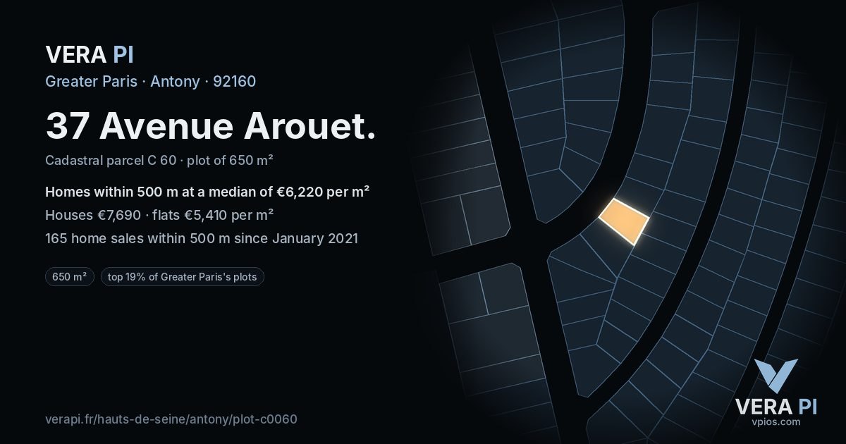 37 Avenue Arouet, Antony at night – the plot lit, the parcels around coloured by the prices near them