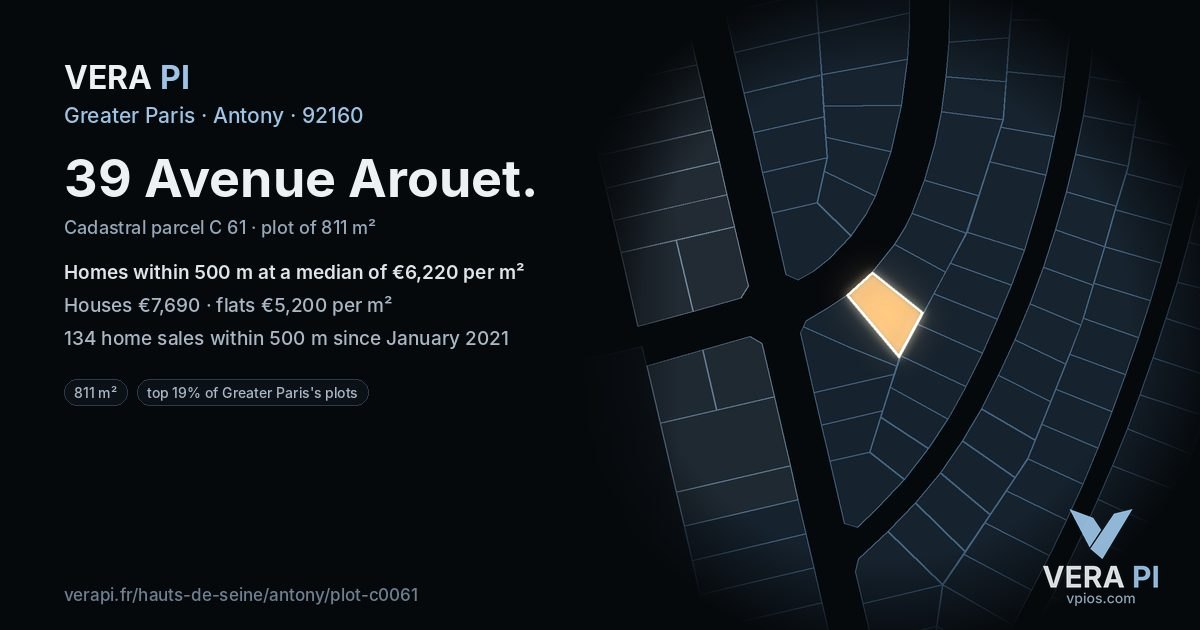 39 Avenue Arouet, Antony at night – the plot lit, the parcels around coloured by the prices near them