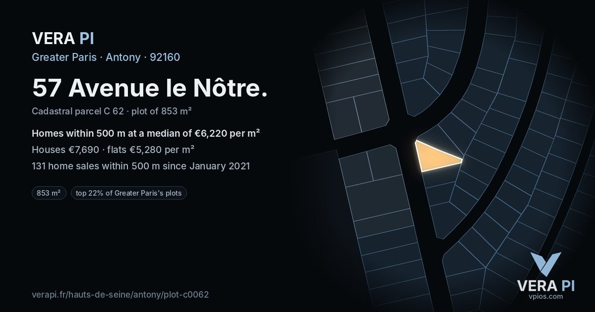 57 Avenue le Nôtre, Antony at night – the plot lit, the parcels around coloured by the prices near them