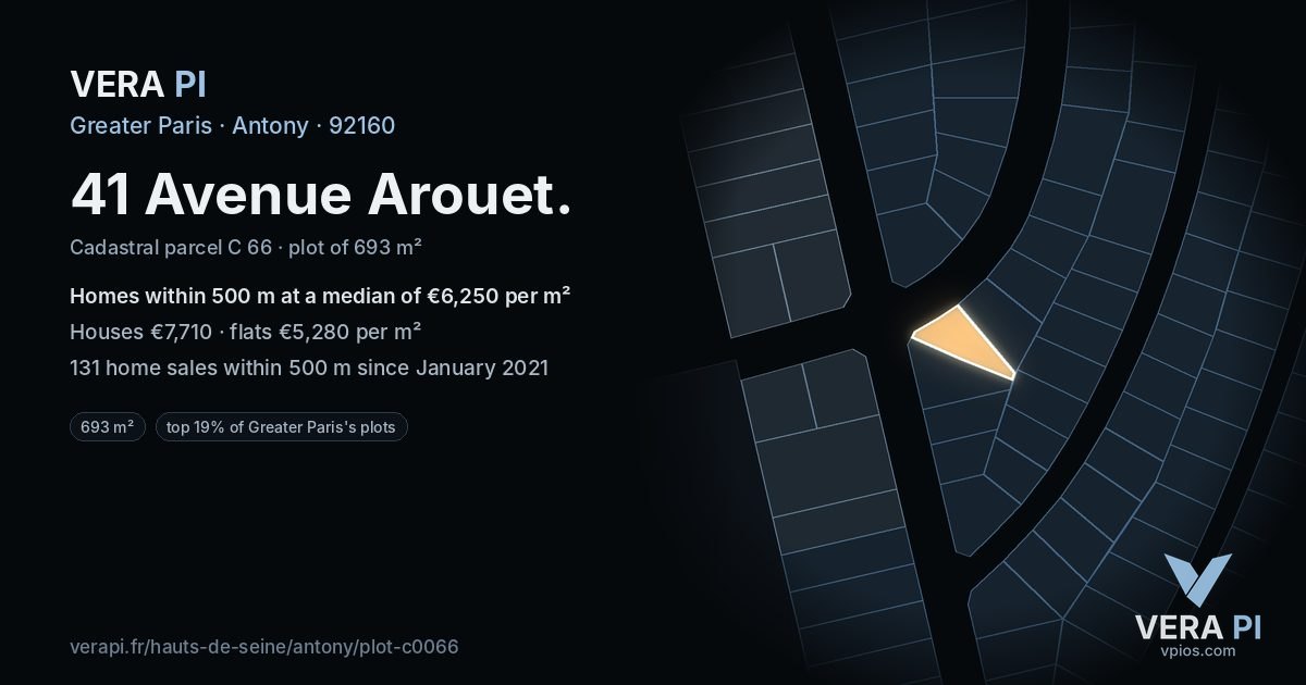 41 Avenue Arouet, Antony at night – the plot lit, the parcels around coloured by the prices near them