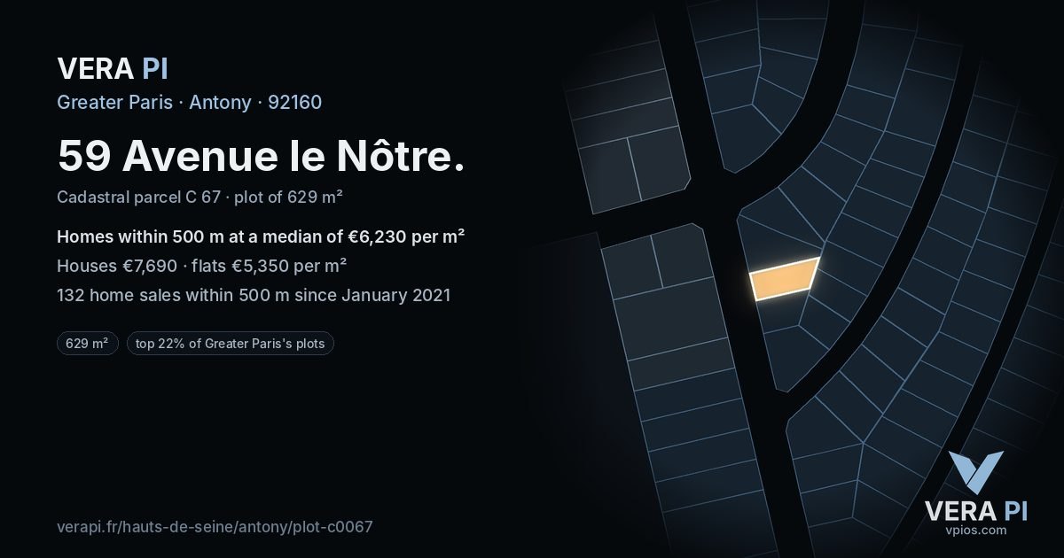 59 Avenue le Nôtre, Antony at night – the plot lit, the parcels around coloured by the prices near them