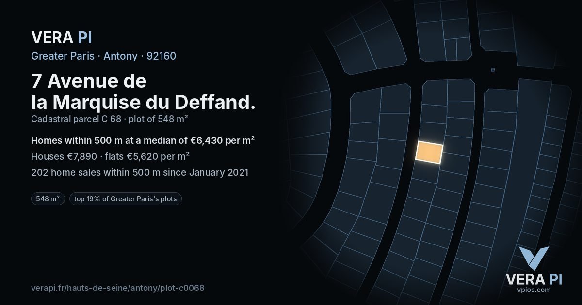 7 Avenue de la Marquise du Deffand, Antony at night – the plot lit, the parcels around coloured by the prices near them