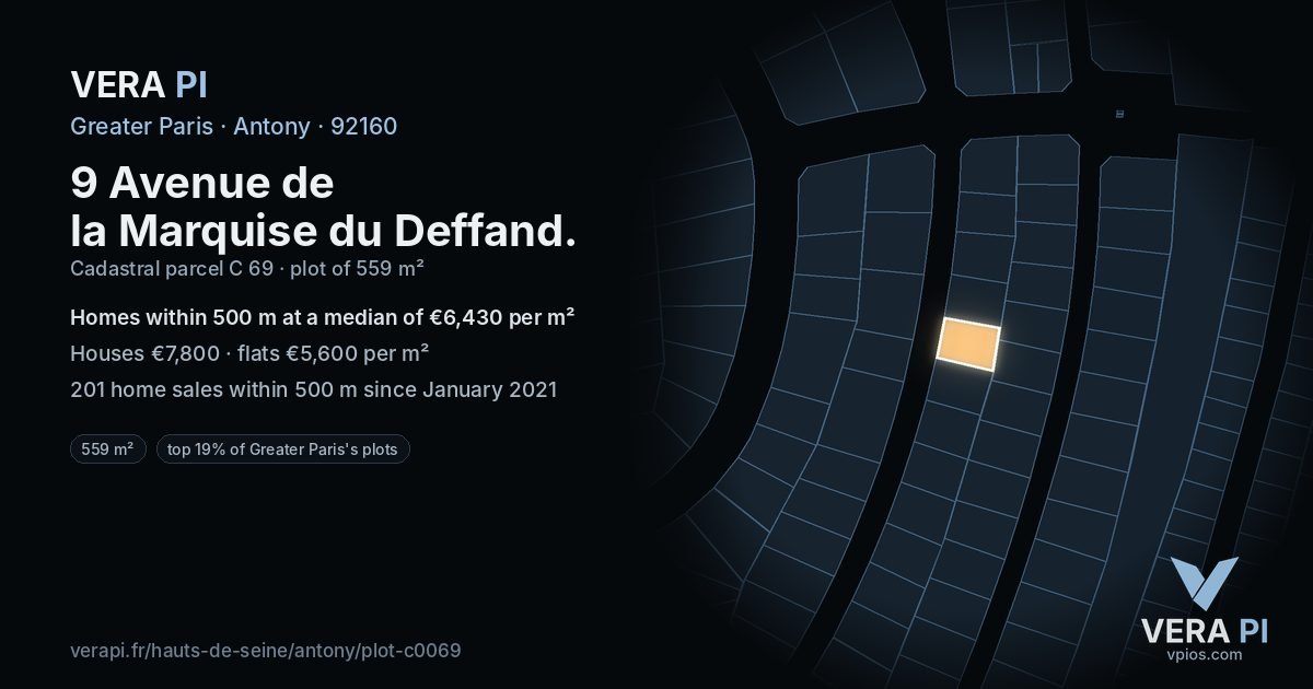 9 Avenue de la Marquise du Deffand, Antony at night – the plot lit, the parcels around coloured by the prices near them