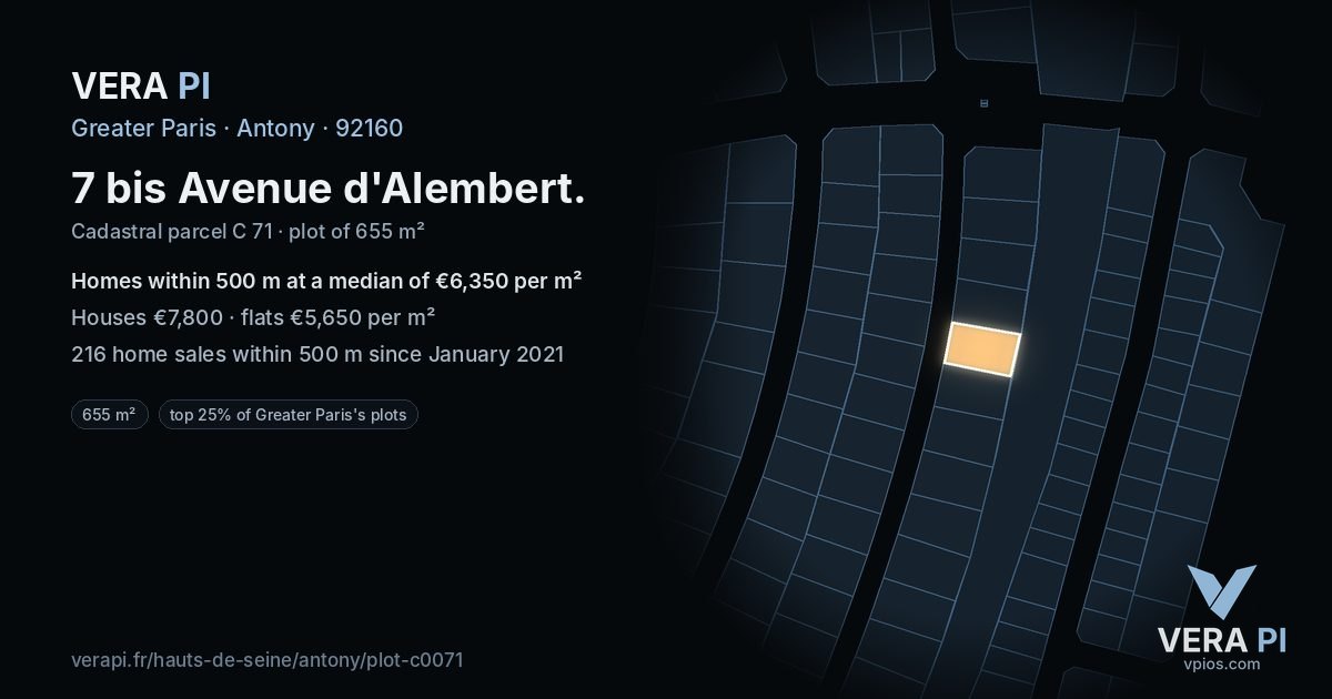 7 bis Avenue d'Alembert, Antony at night – the plot lit, the parcels around coloured by the prices near them