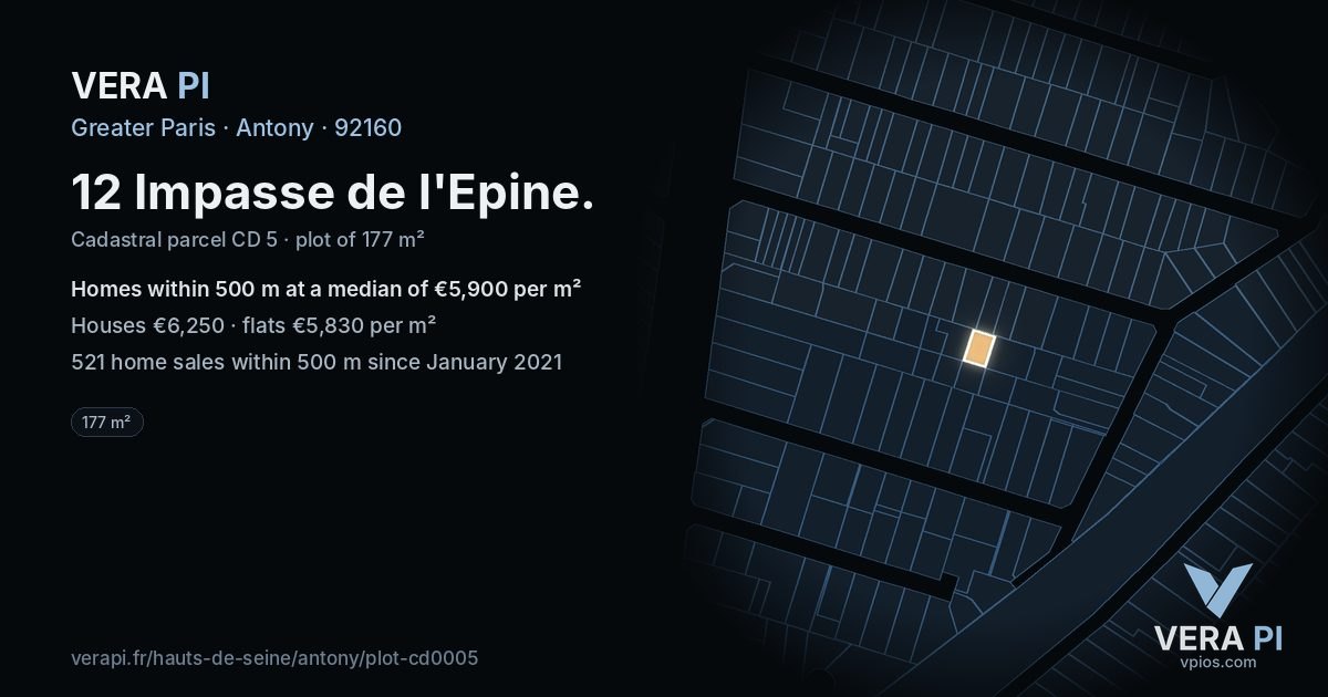 12 Impasse de l'Epine, Antony at night – the plot lit, the parcels around coloured by the prices near them