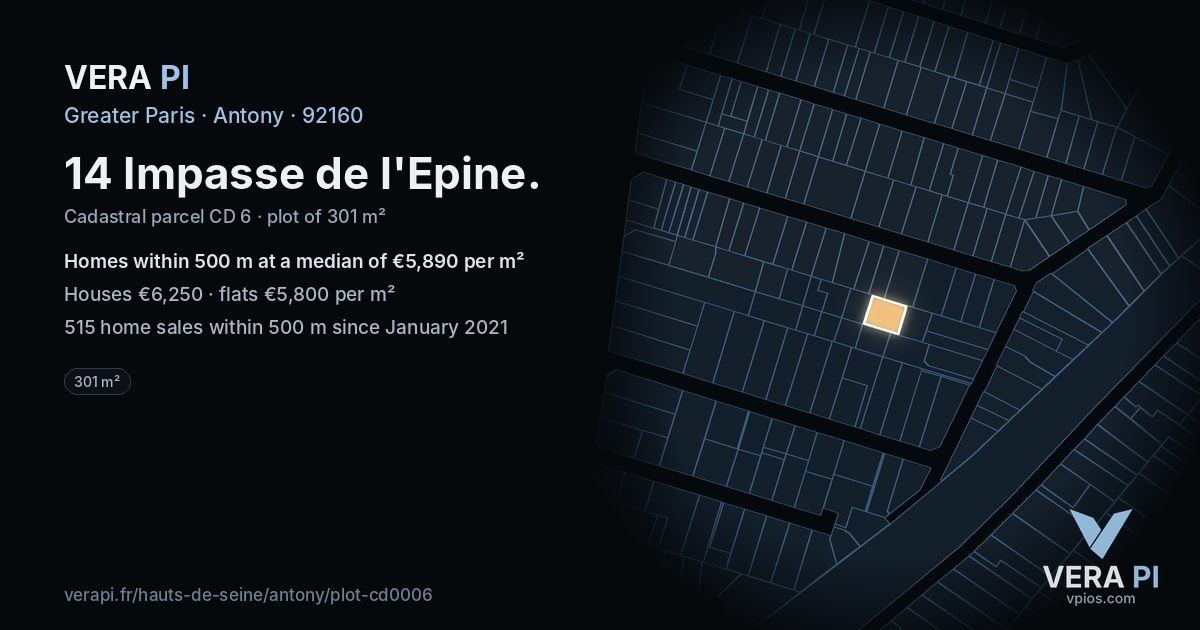 14 Impasse de l'Epine, Antony at night – the plot lit, the parcels around coloured by the prices near them