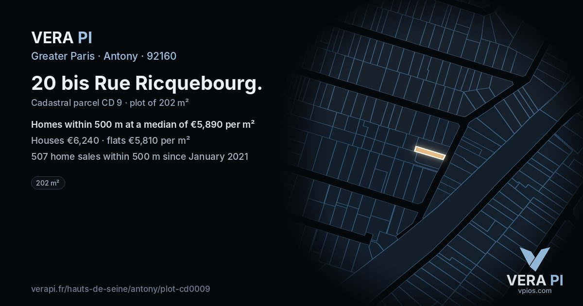 20 bis Rue Ricquebourg, Antony at night – the plot lit, the parcels around coloured by the prices near them