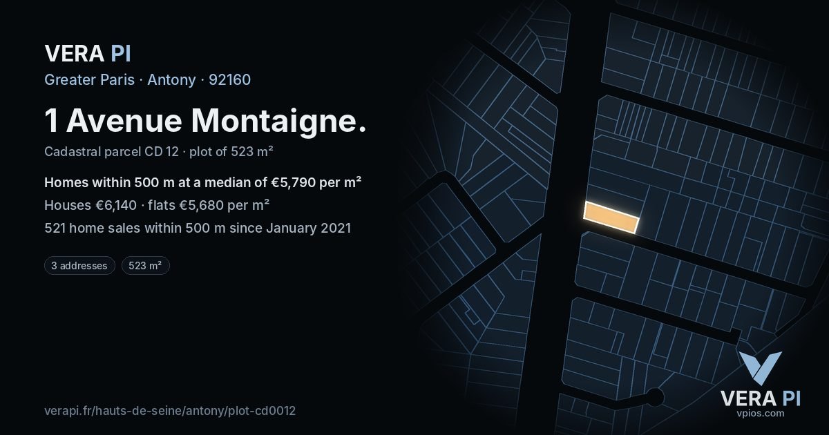 1 Avenue Montaigne, Antony at night – the plot lit, the parcels around coloured by the prices near them