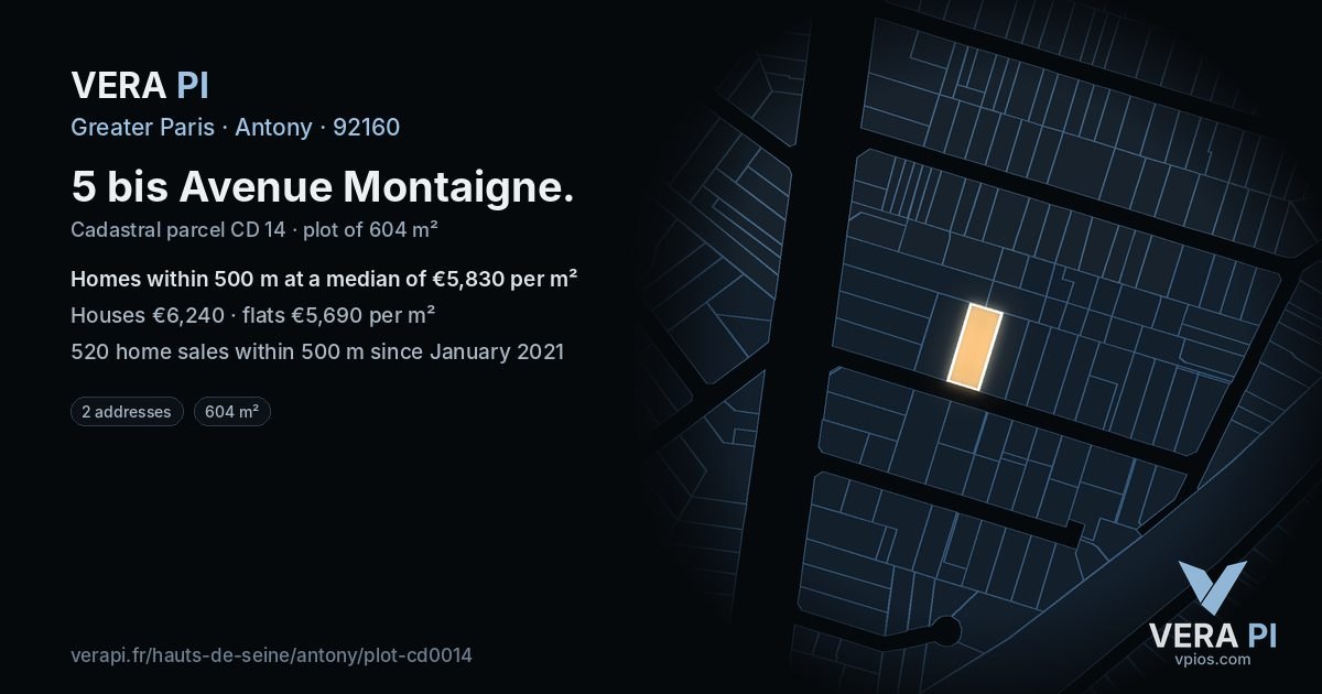 5 bis Avenue Montaigne, Antony at night – the plot lit, the parcels around coloured by the prices near them