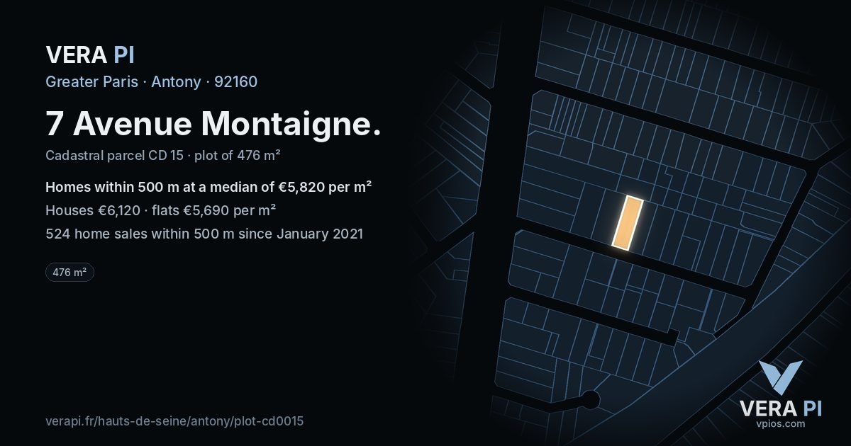 7 Avenue Montaigne, Antony at night – the plot lit, the parcels around coloured by the prices near them