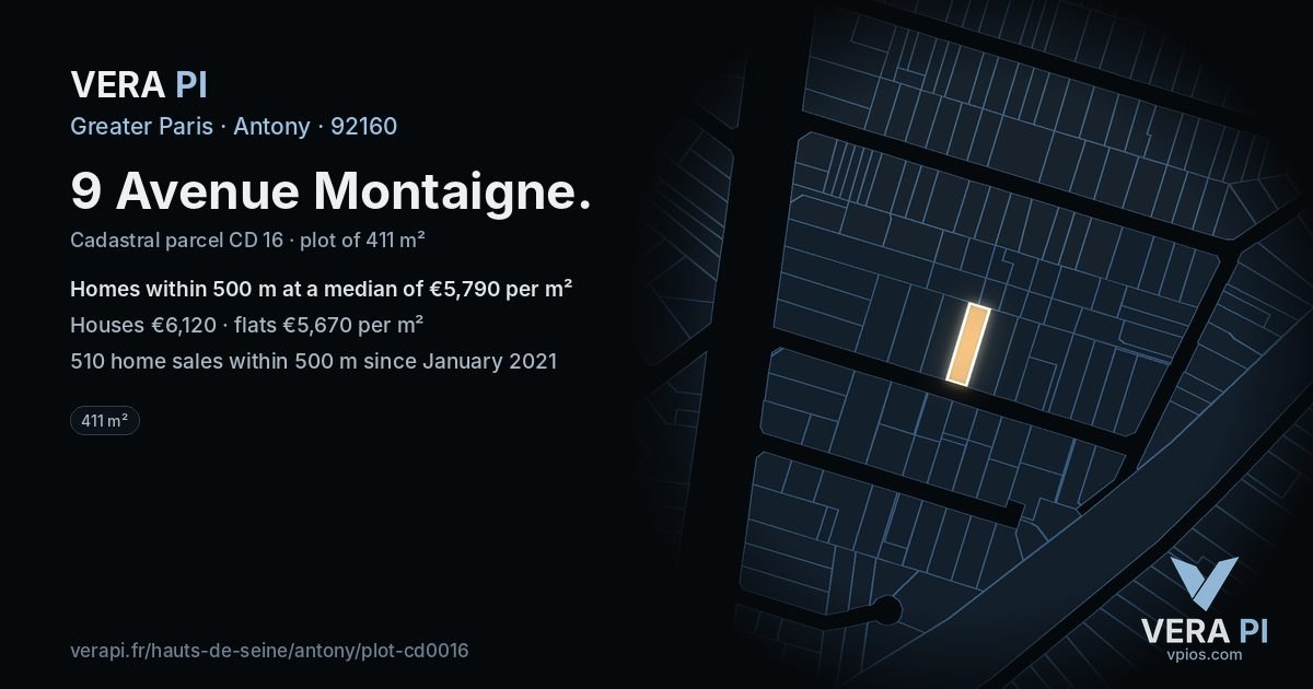 9 Avenue Montaigne, Antony at night – the plot lit, the parcels around coloured by the prices near them