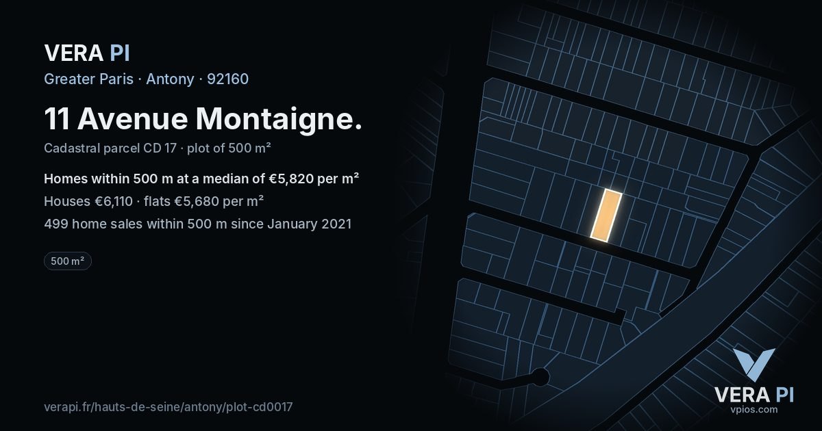 11 Avenue Montaigne, Antony at night – the plot lit, the parcels around coloured by the prices near them