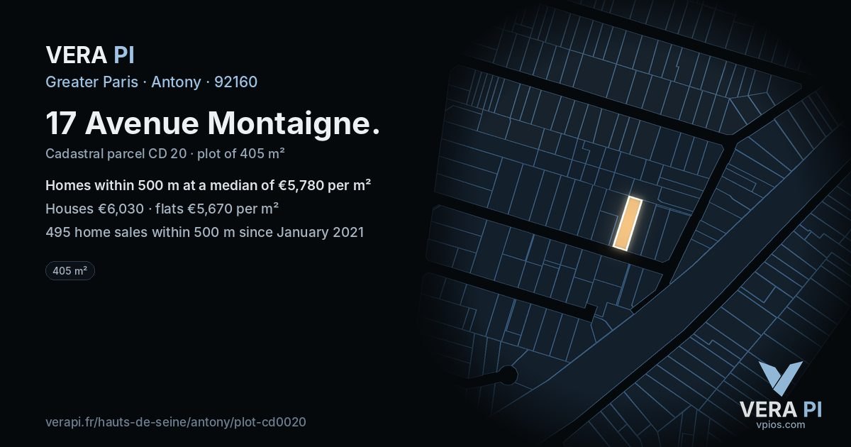 17 Avenue Montaigne, Antony at night – the plot lit, the parcels around coloured by the prices near them