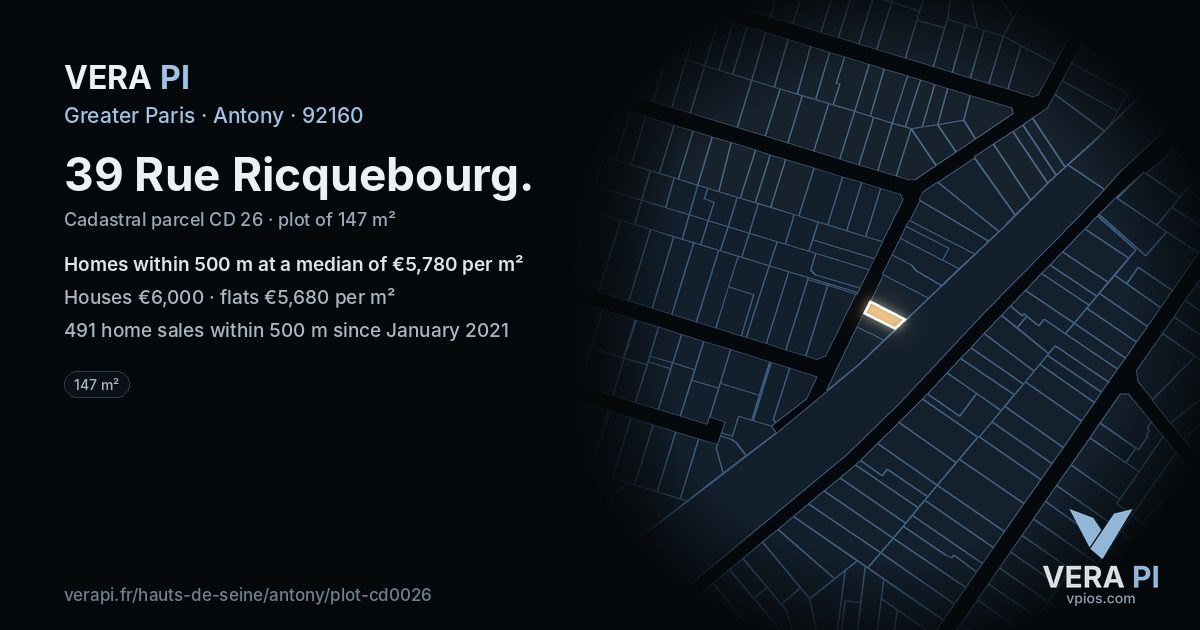 39 Rue Ricquebourg, Antony at night – the plot lit, the parcels around coloured by the prices near them