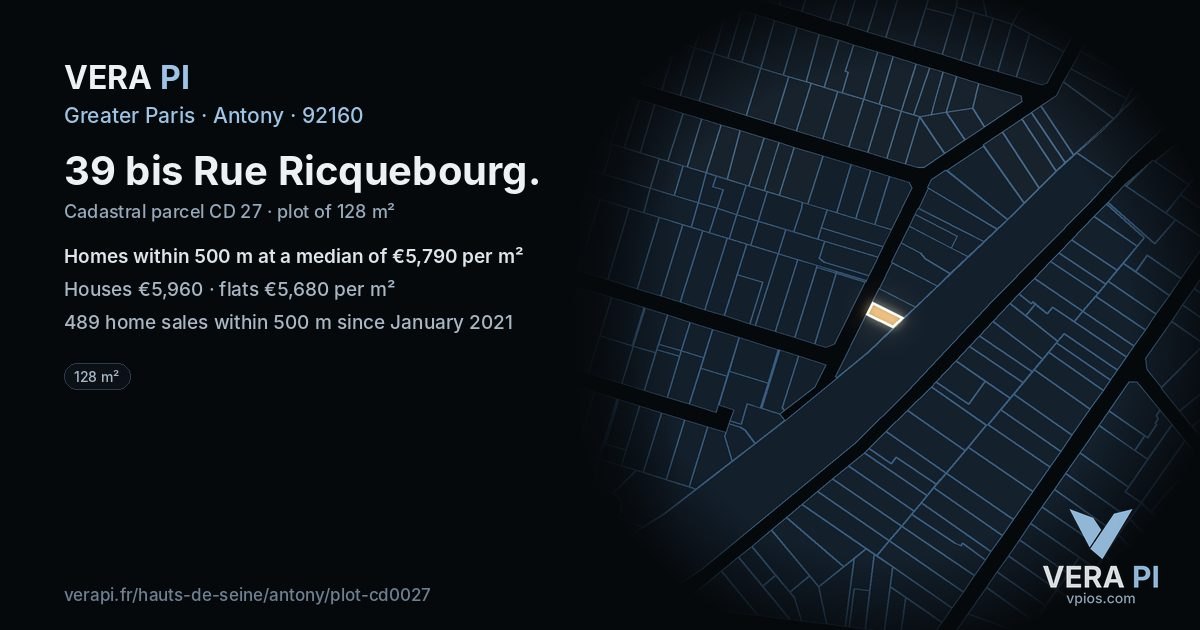 39 bis Rue Ricquebourg, Antony at night – the plot lit, the parcels around coloured by the prices near them