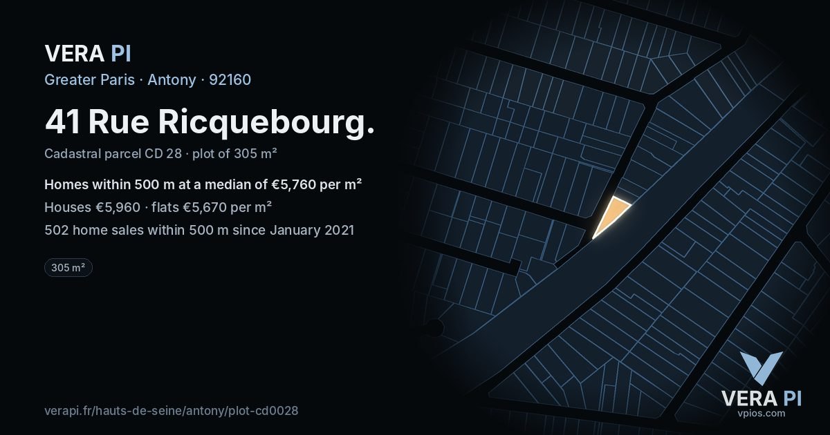 41 Rue Ricquebourg, Antony at night – the plot lit, the parcels around coloured by the prices near them