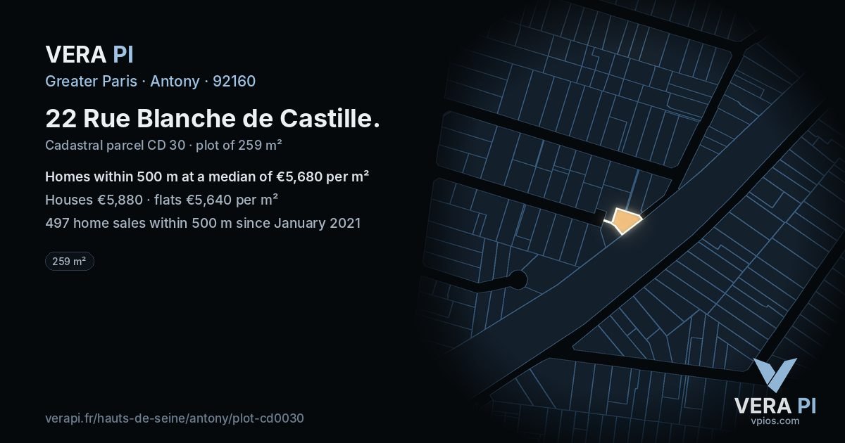 22 Rue Blanche de Castille, Antony at night – the plot lit, the parcels around coloured by the prices near them