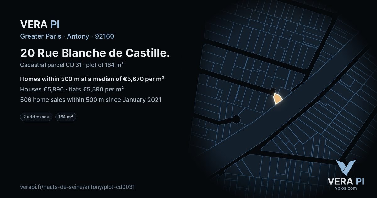 20 Rue Blanche de Castille, Antony at night – the plot lit, the parcels around coloured by the prices near them