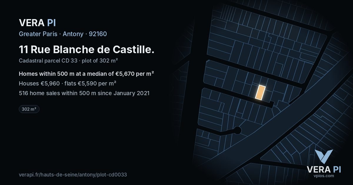 11 Rue Blanche de Castille, Antony at night – the plot lit, the parcels around coloured by the prices near them
