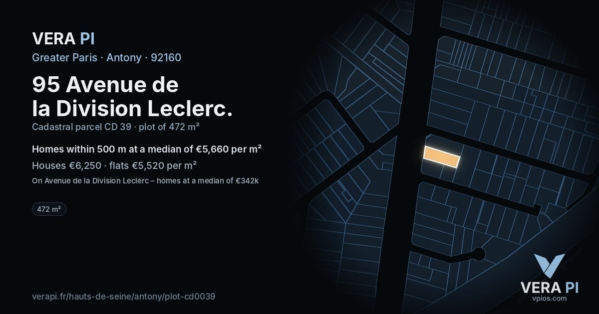 95 Avenue de la Division Leclerc, Antony at night – the plot lit, the parcels around coloured by the prices near them