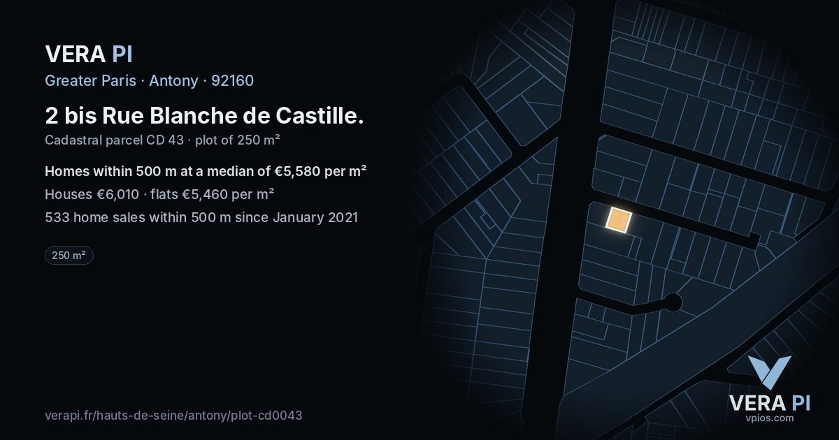 2 bis Rue Blanche de Castille, Antony at night – the plot lit, the parcels around coloured by the prices near them