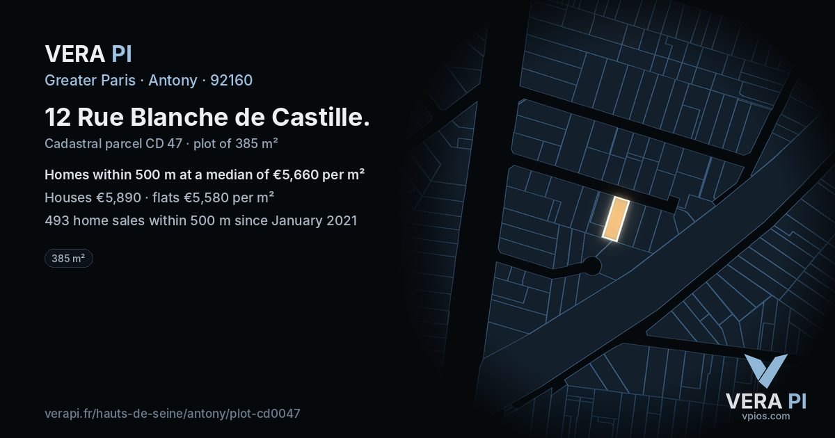 12 Rue Blanche de Castille, Antony at night – the plot lit, the parcels around coloured by the prices near them
