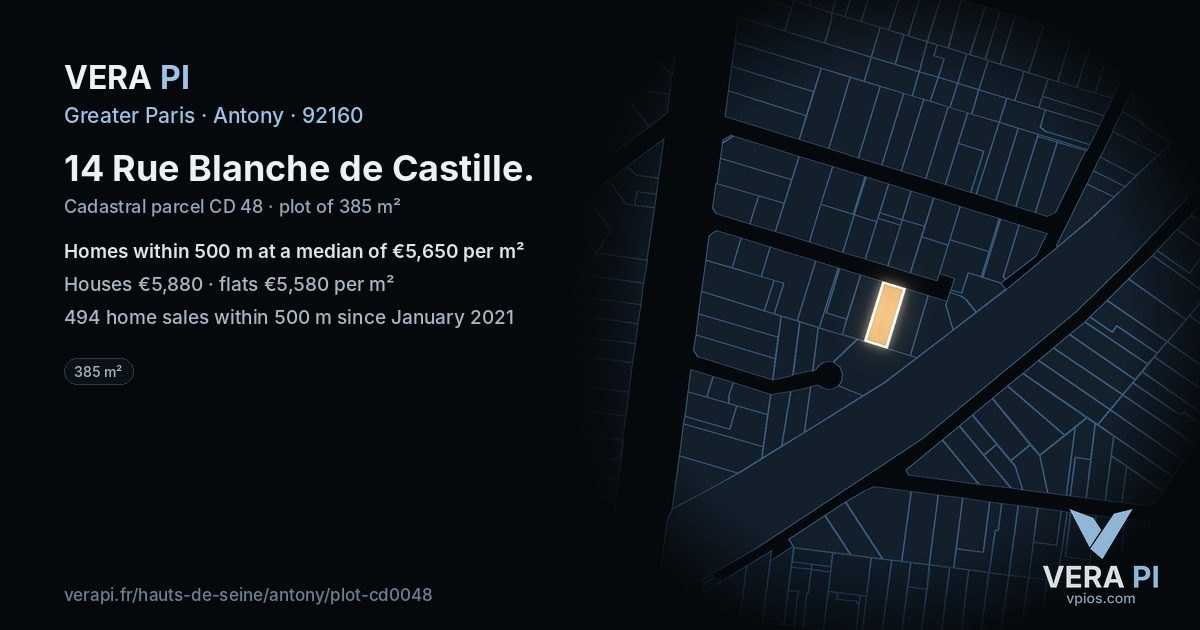 14 Rue Blanche de Castille, Antony at night – the plot lit, the parcels around coloured by the prices near them