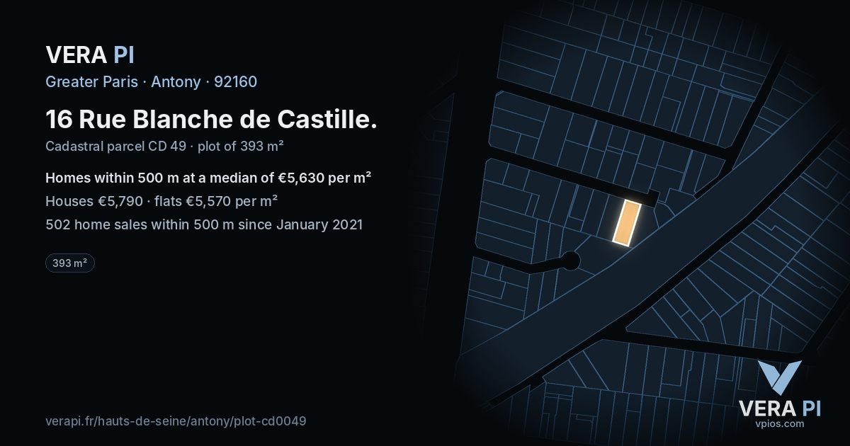 16 Rue Blanche de Castille, Antony at night – the plot lit, the parcels around coloured by the prices near them