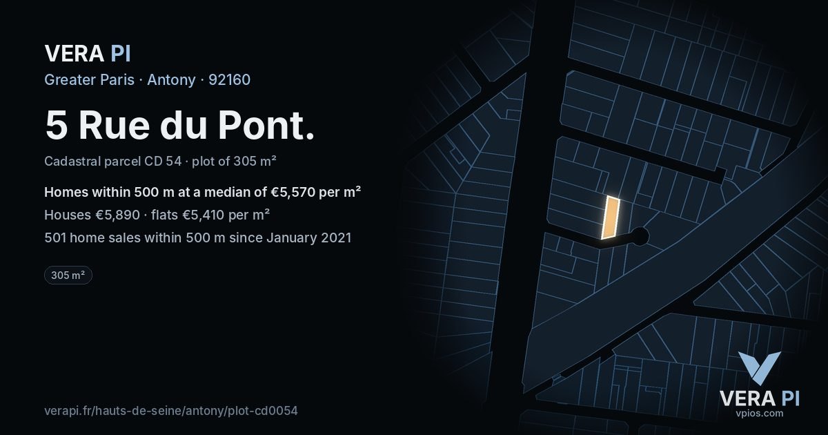 5 Rue du Pont, Antony at night – the plot lit, the parcels around coloured by the prices near them