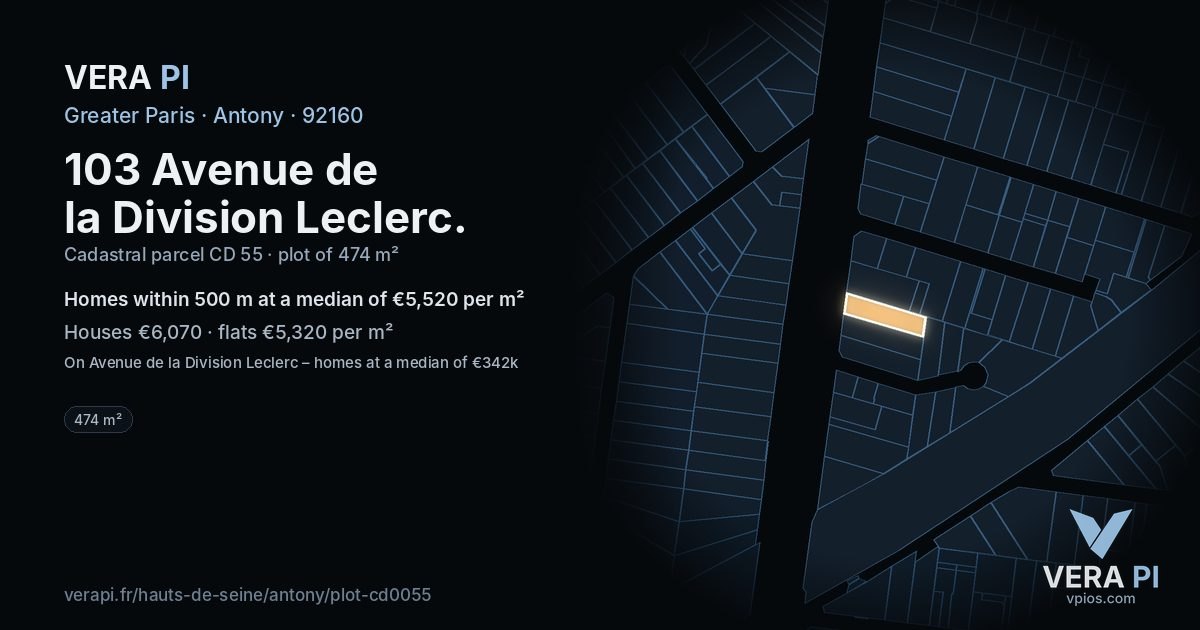 103 Avenue de la Division Leclerc, Antony at night – the plot lit, the parcels around coloured by the prices near them